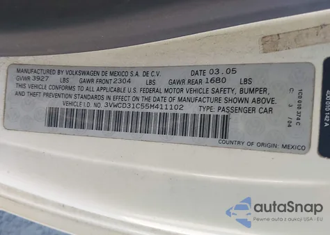 2005 Volkswagen New Beetle Gls 1.8T from USA, damaged, VIN 3VWCD31C55M411102